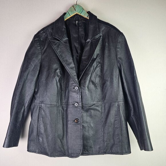 New Directions Woman Black 100% Leather 3 Button Blazer, Pockets, Plus Size, 2X - Picture 1 of 6